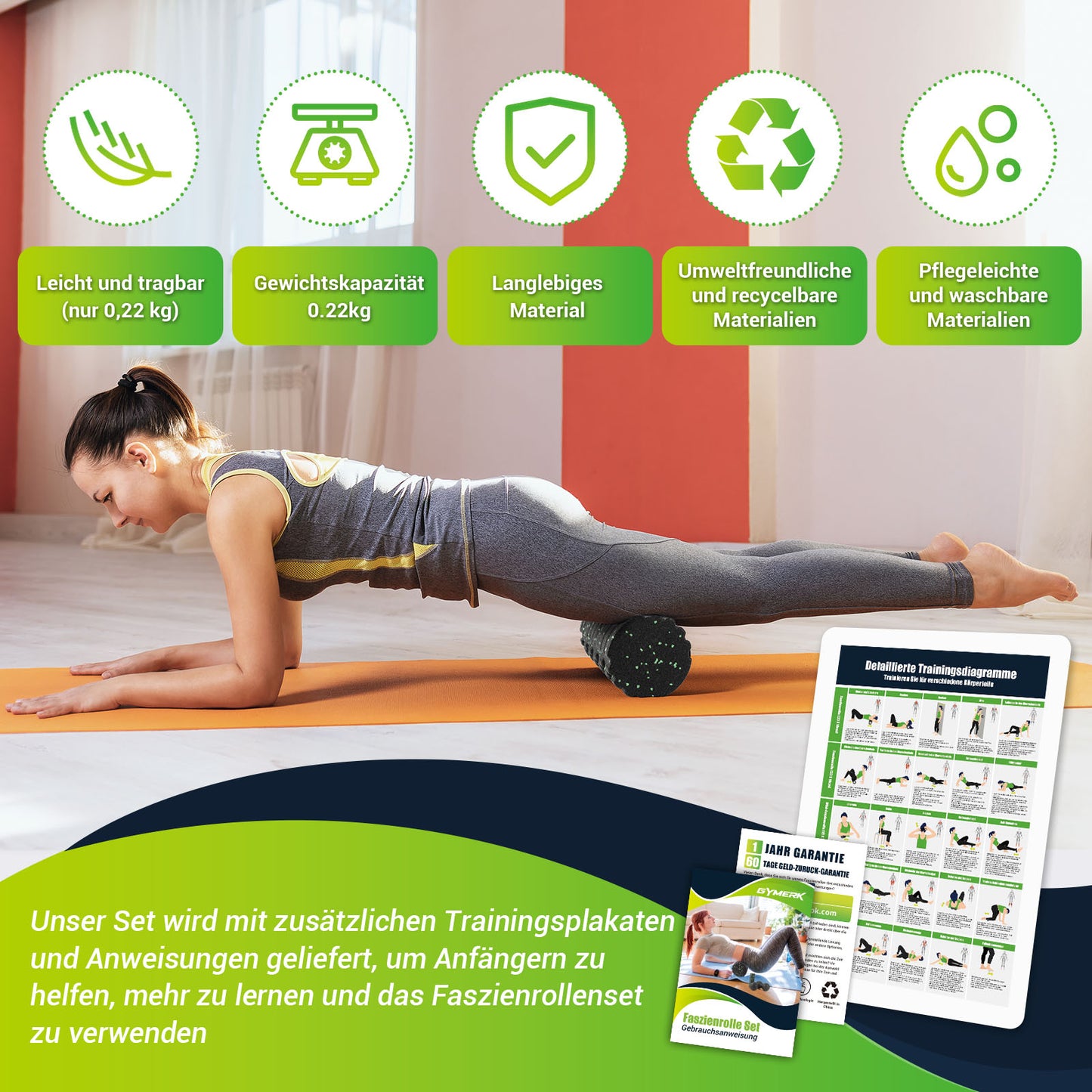 GYMERK Faszienrolle Set mit 3D-Texturmassage, Enthält Anweisungen und Poster in Deutscher Sprache Tragetasche, Faszien Set mit Faszienball Faszienrolle Klein Duoball