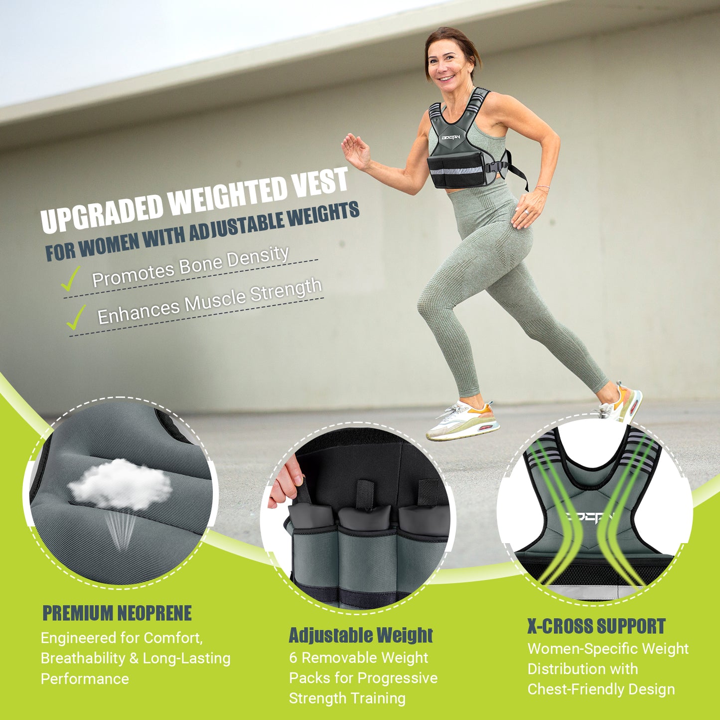 ODCPN Weighted Vest Adjustable Weights for Women, 6-12 Lbs Weight Vest for Walking with Plus Size Pocket, Ruck Vest with 6 Ironsand Weights & Reflective Strip for Running, Workouts & Strength Training