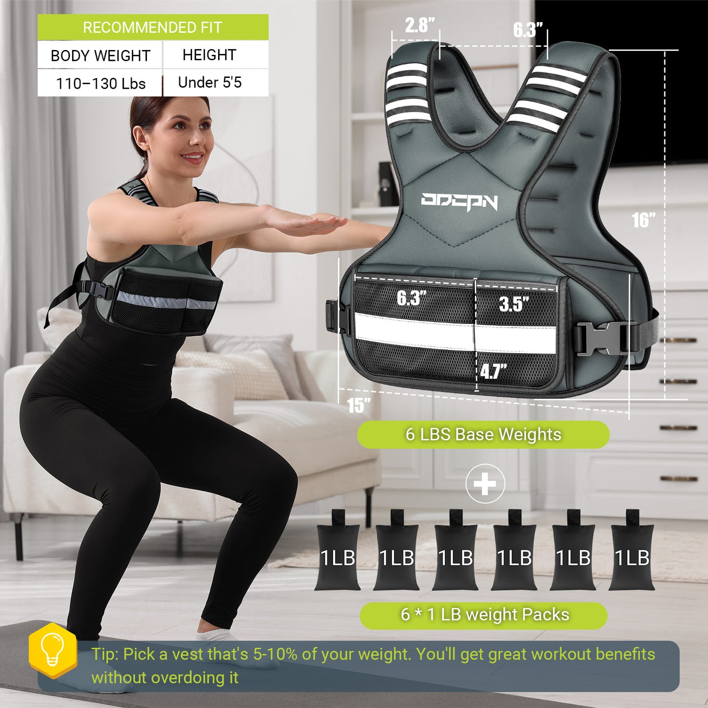 ODCPN Weighted Vest Adjustable Weights for Women, 6-12 Lbs Weight Vest for Walking with Plus Size Pocket, Ruck Vest with 6 Ironsand Weights & Reflective Strip for Running, Workouts & Strength Training