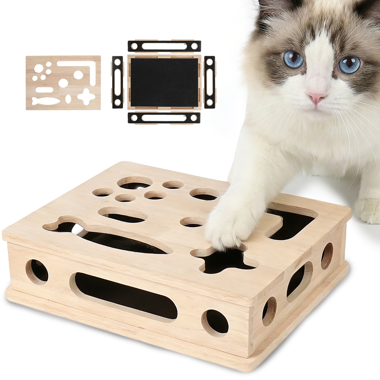 MB MBEAU Cat Scratch Puzzle Enrichment Box, Smooth Solid Wood Cat Nail File Enrichment Box with Built-in Sandpaper, Cat Nail File Box Stress Free Alternative to Clippers & Grinders(No Bell Ball)