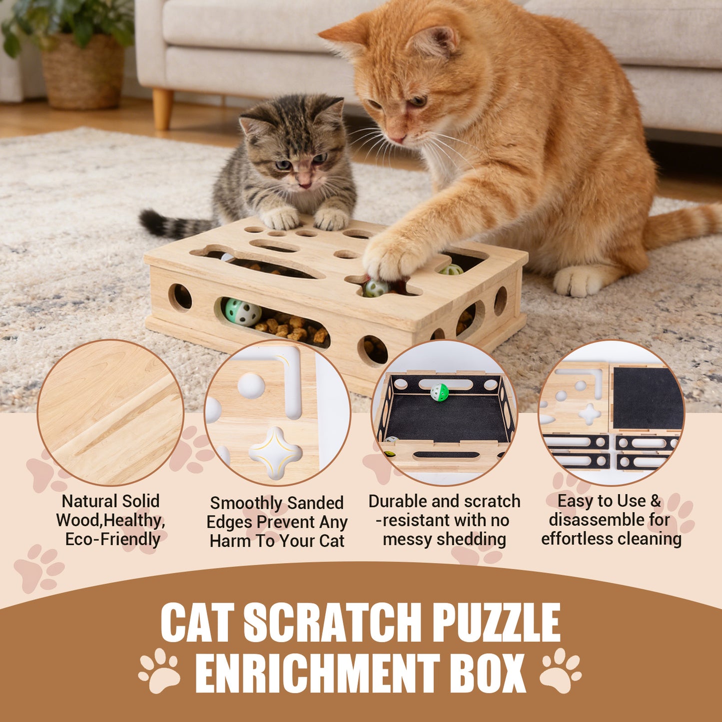 MB MBEAU Cat Scratch Puzzle Enrichment Box, Smooth Solid Wood Cat Nail File Enrichment Box with Built-in Sandpaper, Cat Nail File Box Stress Free Alternative to Clippers & Grinders(No Bell Ball)
