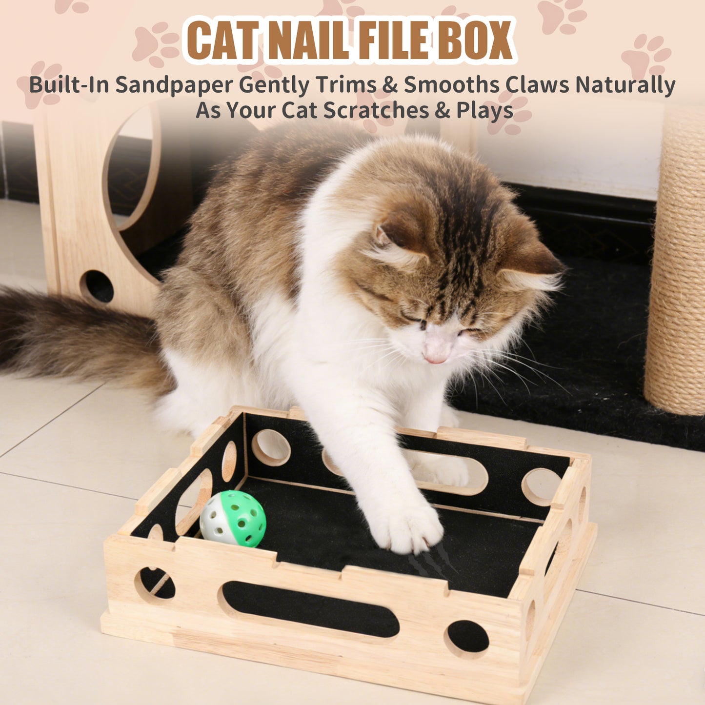 MB MBEAU Cat Scratch Puzzle Enrichment Box, Smooth Solid Wood Cat Nail File Enrichment Box with Built-in Sandpaper, Cat Nail File Box Stress Free Alternative to Clippers & Grinders(No Bell Ball)