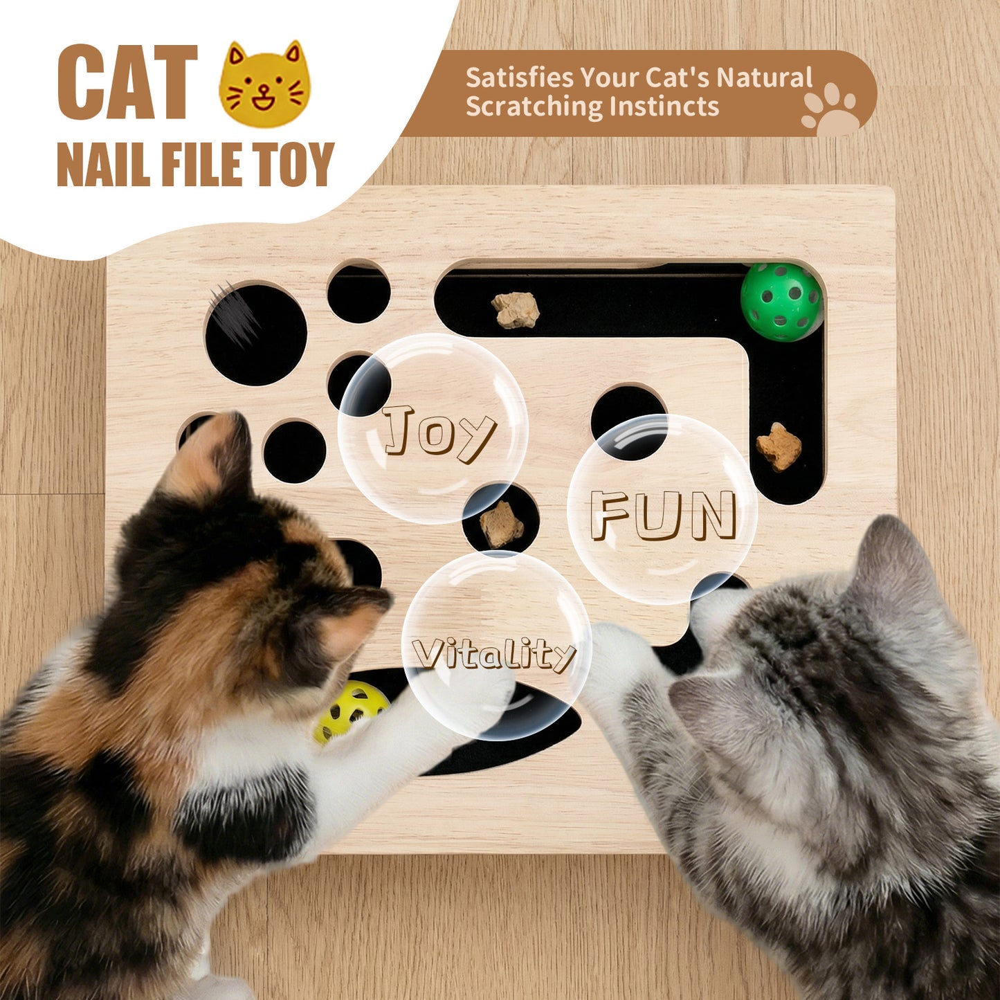 MB MBEAU Cat Scratch Puzzle Enrichment Box, Smooth Solid Wood Cat Nail File Enrichment Box with Built-in Sandpaper, Cat Nail File Box Stress Free Alternative to Clippers & Grinders(No Bell Ball)