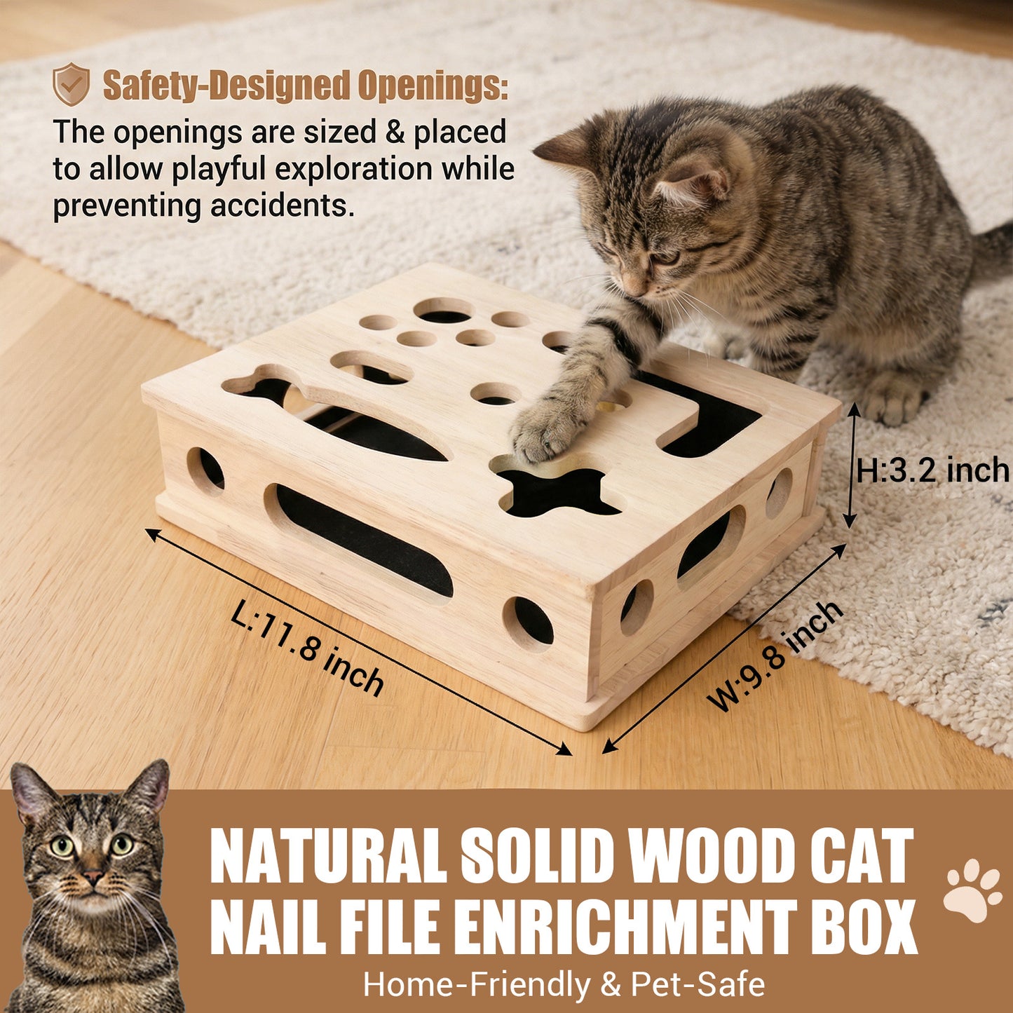 MB MBEAU Cat Scratch Puzzle Enrichment Box, Smooth Solid Wood Cat Nail File Enrichment Box with Built-in Sandpaper, Cat Nail File Box Stress Free Alternative to Clippers & Grinders(No Bell Ball)