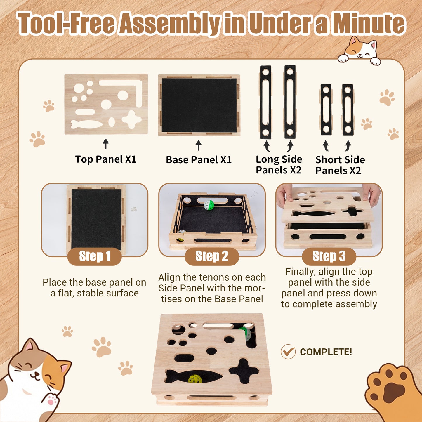 MB MBEAU Cat Scratch Puzzle Enrichment Box, Smooth Solid Wood Cat Nail File Enrichment Box with Built-in Sandpaper, Cat Nail File Box Stress Free Alternative to Clippers & Grinders(No Bell Ball)