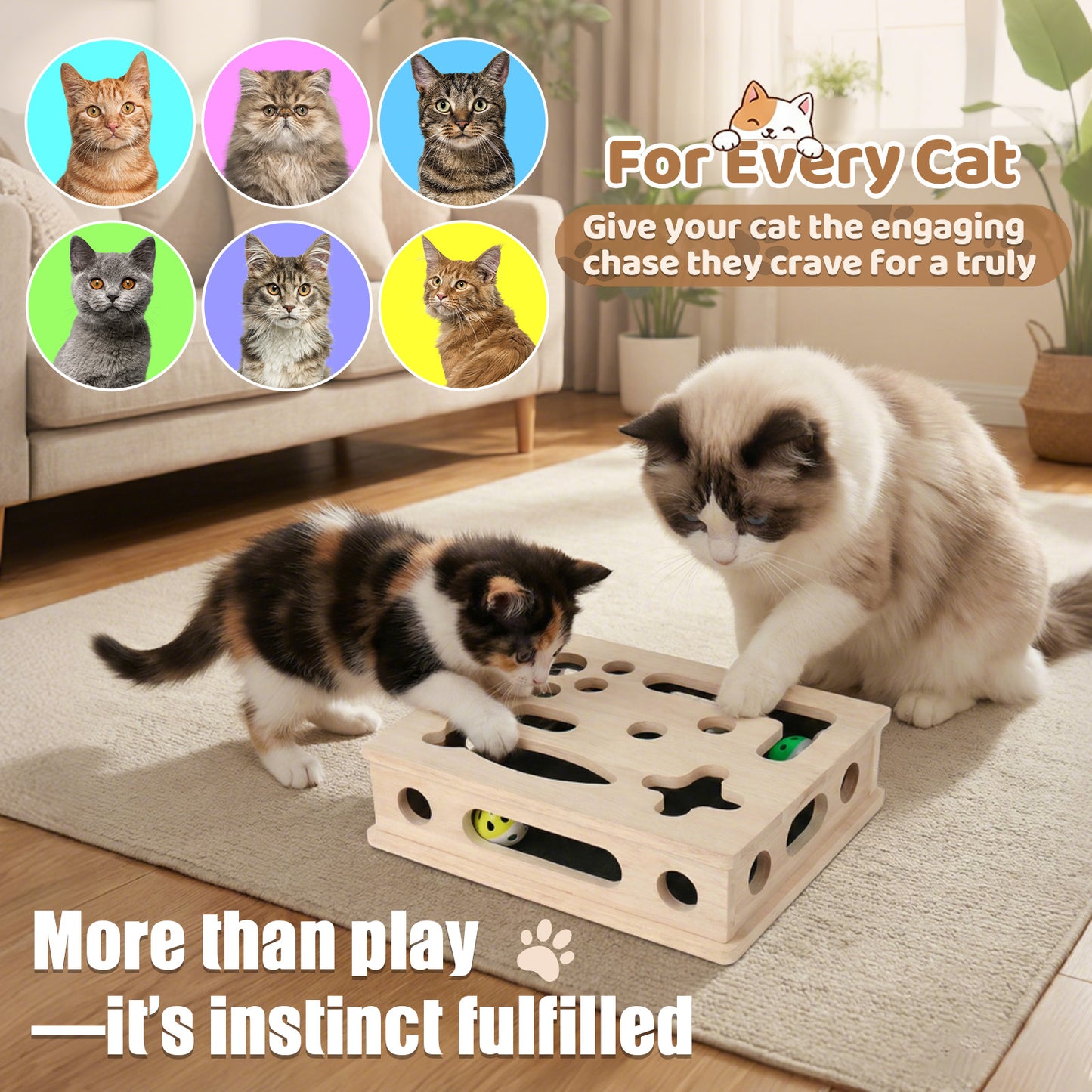 MB MBEAU Cat Scratch Puzzle Enrichment Box, Smooth Solid Wood Cat Nail File Enrichment Box with Built-in Sandpaper, Cat Nail File Box Stress Free Alternative to Clippers & Grinders(No Bell Ball)