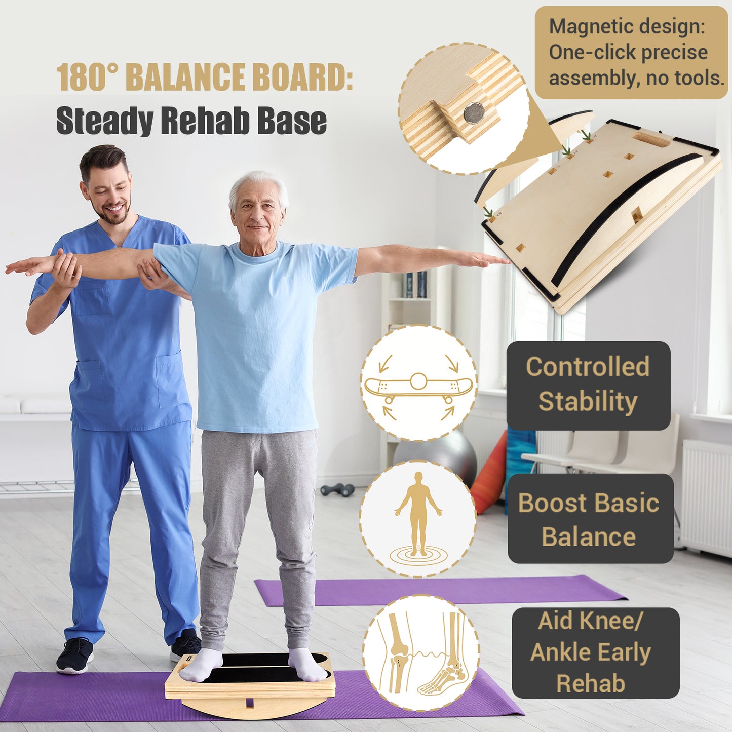 ODCPN 3-in-1 Slant Board & 180°/360° Balance Board, Portable 6 Angle Adjustable Calf Stretcher with Training Poster, Anti-Slip 300LBS Wobble Board for Physical Therapy, Standing Desk & Core Strength