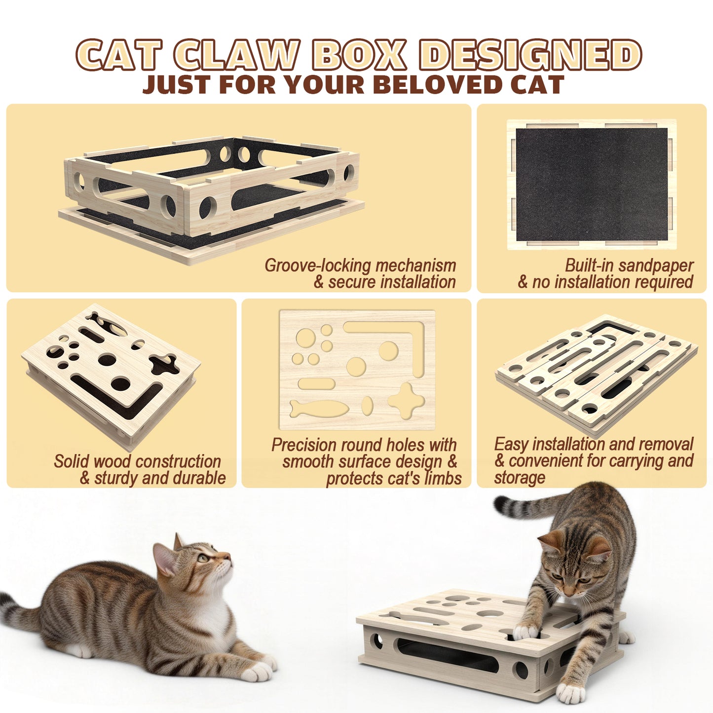 YangKu Cat Scratch Puzzle Enrichment Box, Large Solid Wood Construction Cat Nail File Enrichment Box with Sandpaper Inside, Cat Nail File Box Stress Free Alternative to Clippers and Grinders(No Bell Ball)