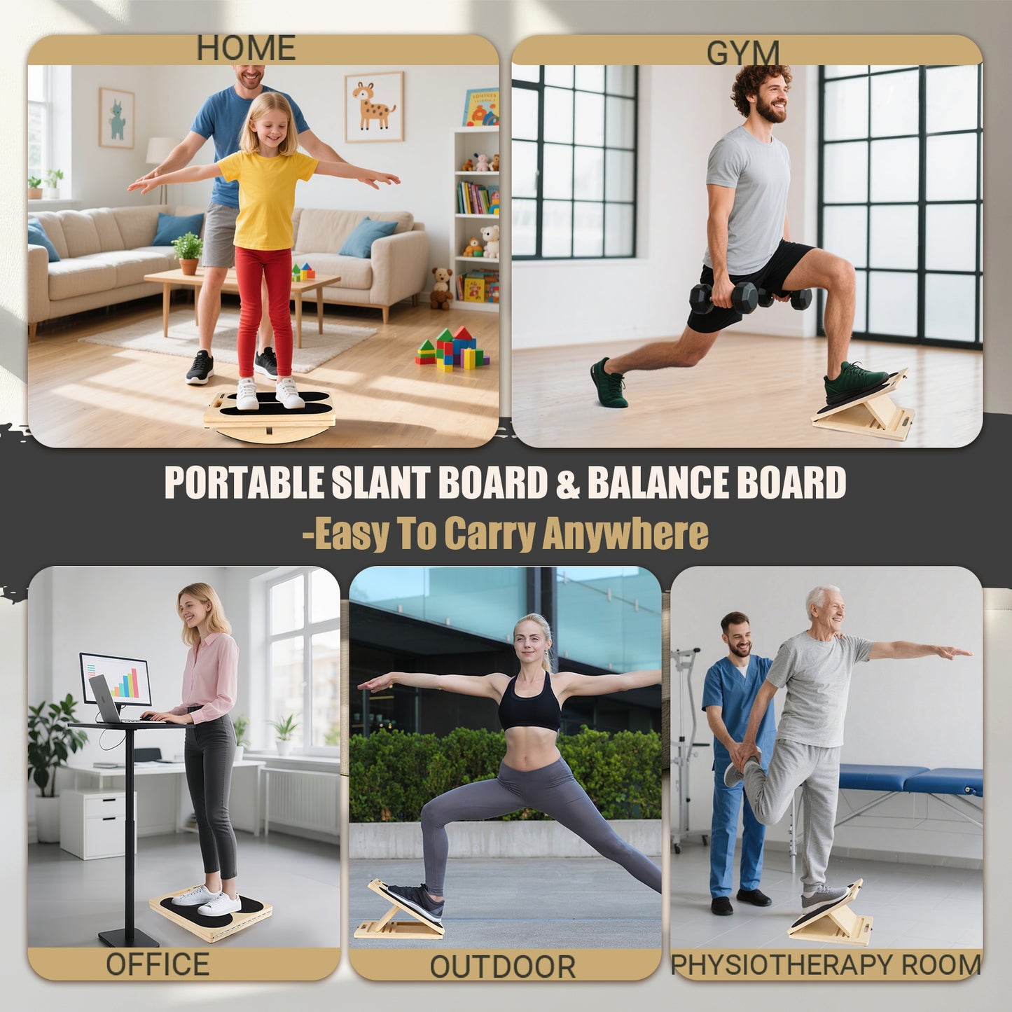 ODCPN 3-in-1 Slant Board & 180°/360° Balance Board, Portable 6 Angle Adjustable Calf Stretcher with Training Poster, Anti-Slip 300LBS Wobble Board for Physical Therapy, Standing Desk & Core Strength