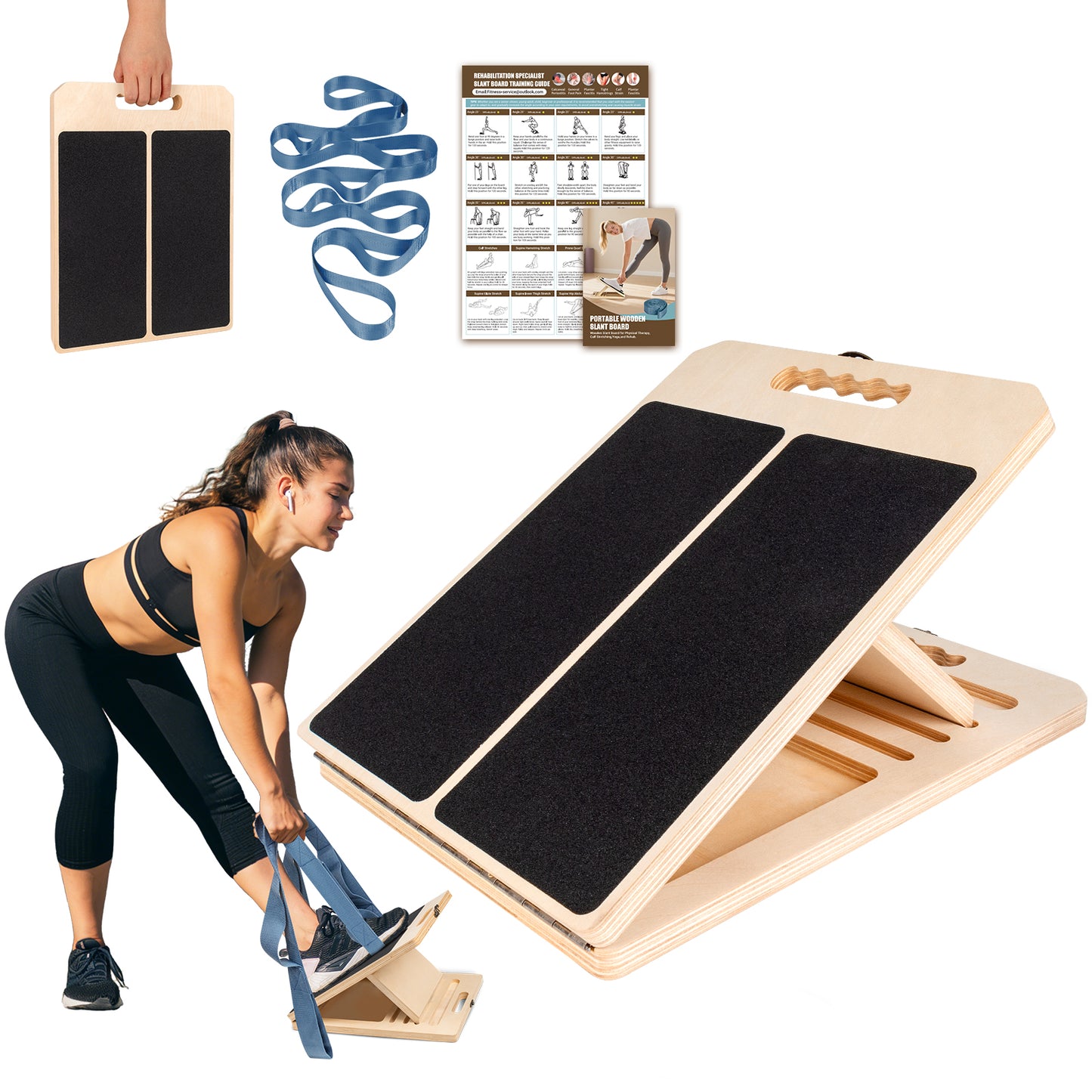 Paleclouds-Slant Board for Calf Stretching, Adjustable Wooden Calf Stretch Board with Stretch Strap & Training Poster, 300 Lbs Weight Capacity Velour Board for Calf Ankle Achilles Physical Therapy Leg Exercisers
