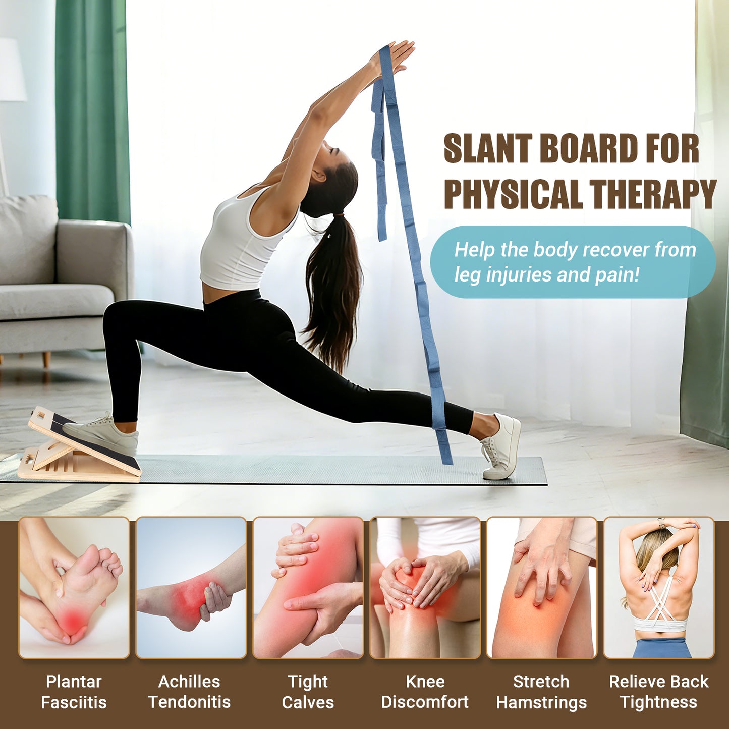 Paleclouds-Slant Board for Calf Stretching, Adjustable Wooden Calf Stretch Board with Stretch Strap & Training Poster, 300 Lbs Weight Capacity Velour Board for Calf Ankle Achilles Physical Therapy Leg Exercisers