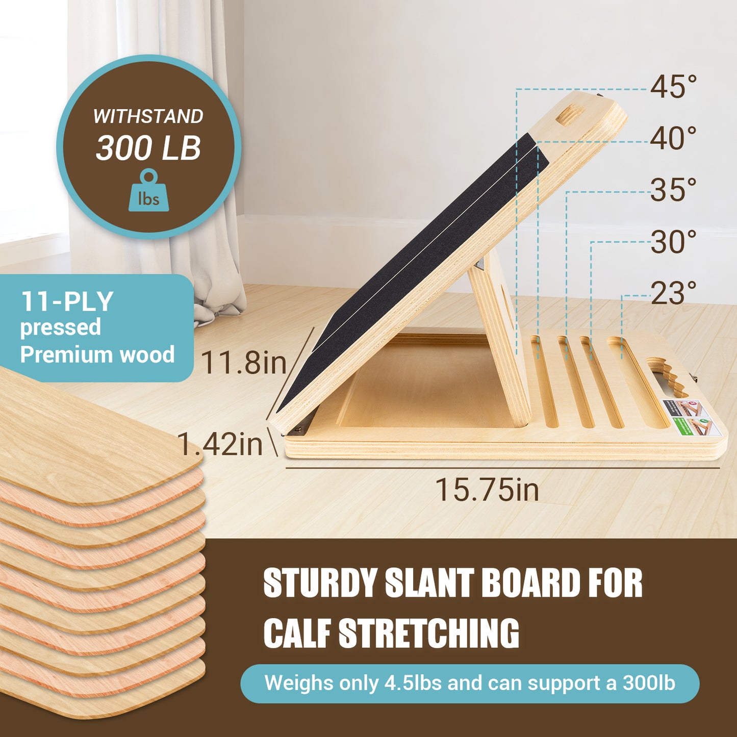 Paleclouds-Slant Board for Calf Stretching, Adjustable Wooden Calf Stretch Board with Stretch Strap & Training Poster, 300 Lbs Weight Capacity Velour Board for Calf Ankle Achilles Physical Therapy Leg Exercisers