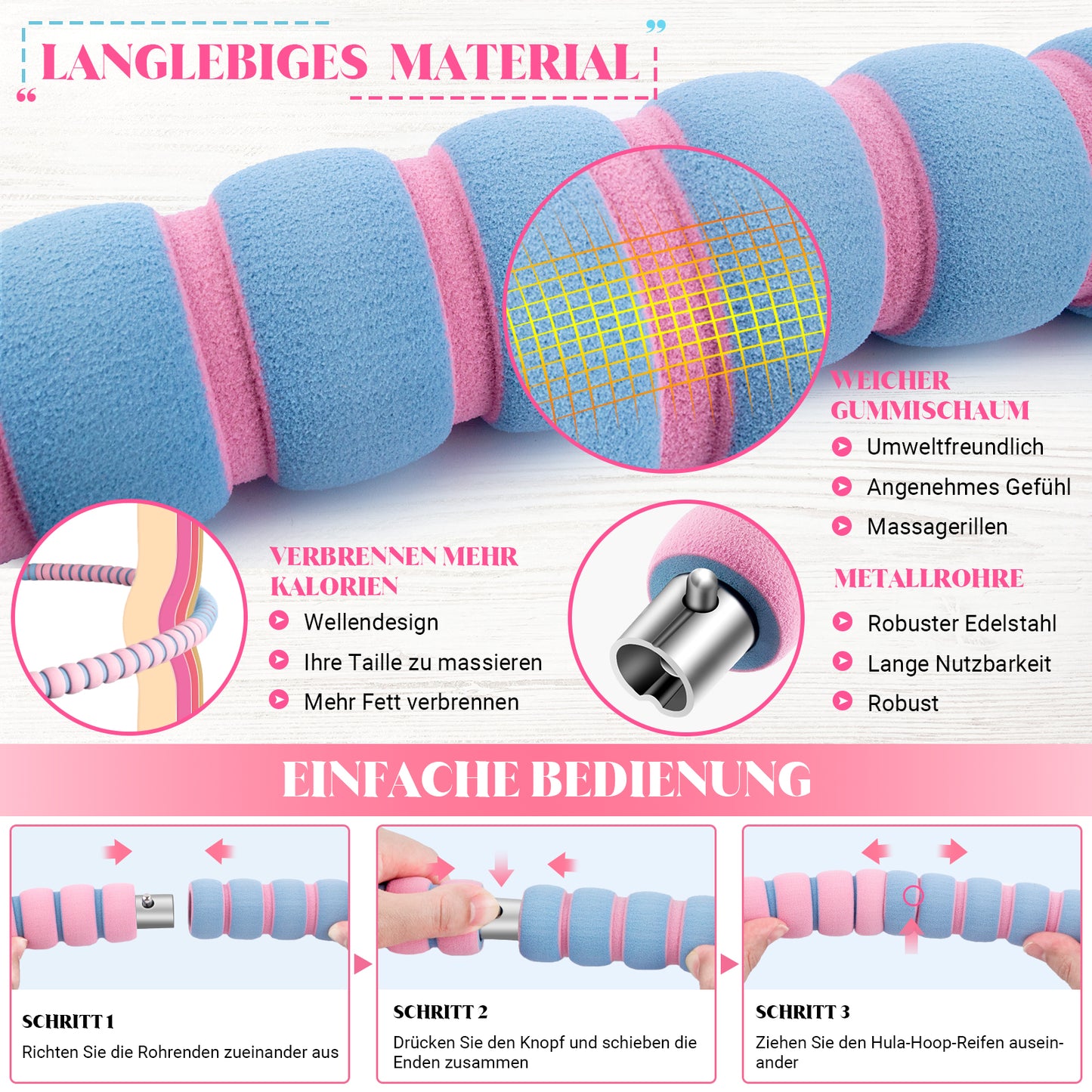 COFOF Hula Hoop Reifen Erwachsene, Abnehmbarer Hula Hoop Reifen mit Stabiler Edelstahlkern, Premium Schaumstoff, Gymnastikreifen für Fitness/Weight Loss/Massage